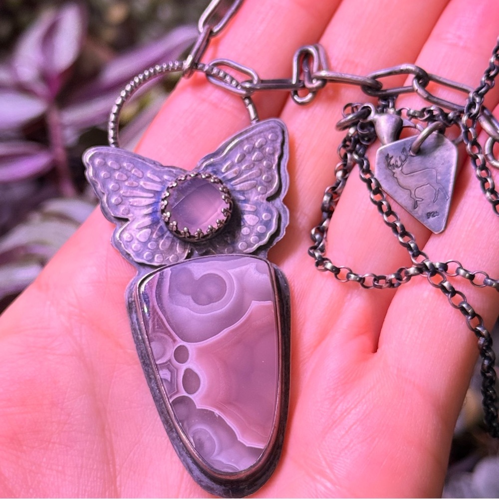 Echos of Norway Sterling Silver Butterfly Necklace Pink Gemstone 925 Signed
